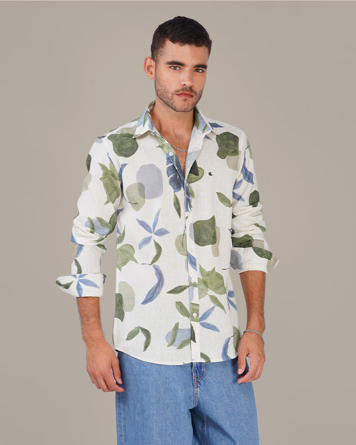 White Floral Print Soft Finish Slub Shirt