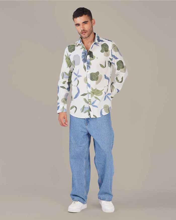 White Floral Print Soft Finish Slub Shirt