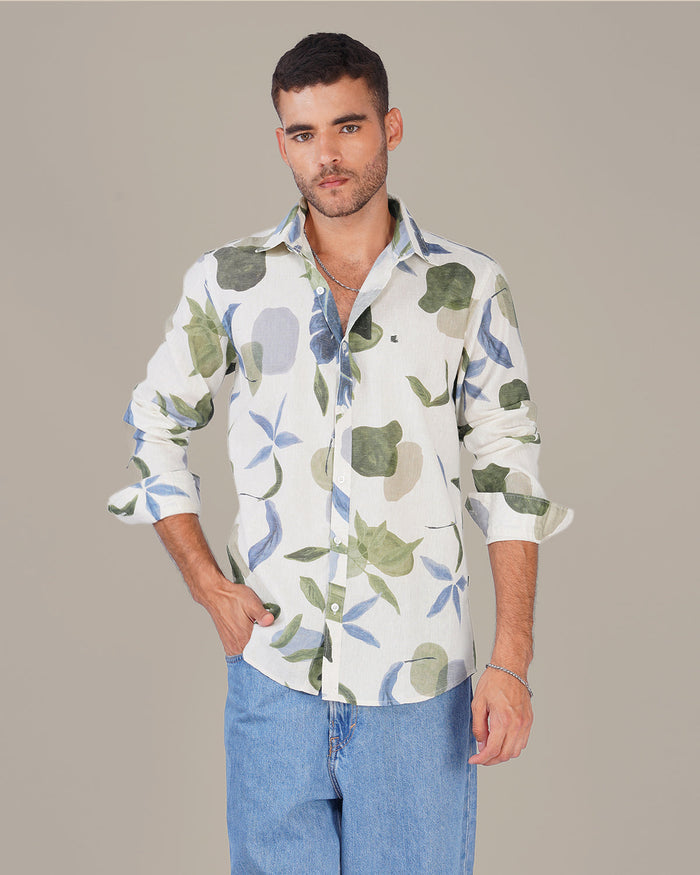 White Floral Print Soft Finish Slub Shirt
