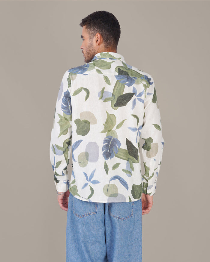 White Floral Print Soft Finish Slub Shirt