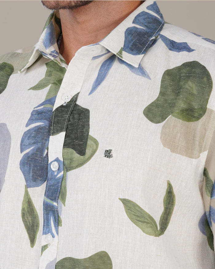 White Floral Print Soft Finish Slub Shirt