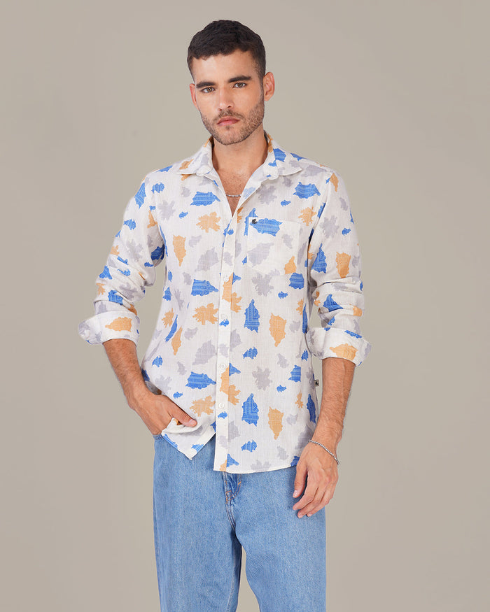 White Multi-Color Slub Print Poly/Linen Blend Shirt