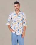 White Multi-Color Slub Print Poly/Linen Blend Shirt