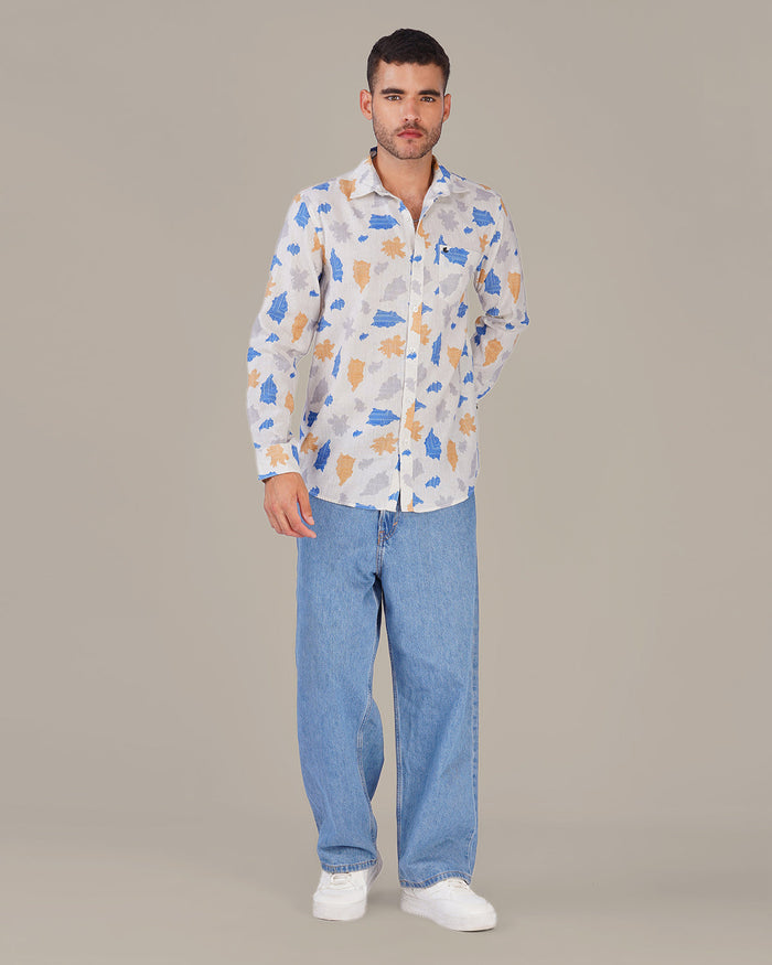 White Multi-Color Slub Print Poly/Linen Blend Shirt