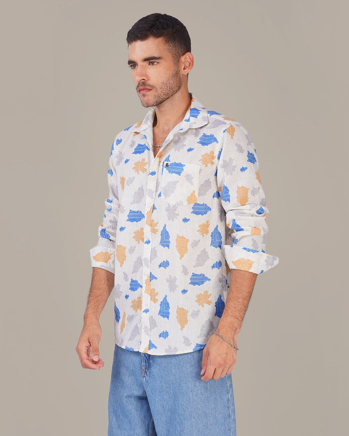 White Multi-Color Slub Print Poly/Linen Blend Shirt