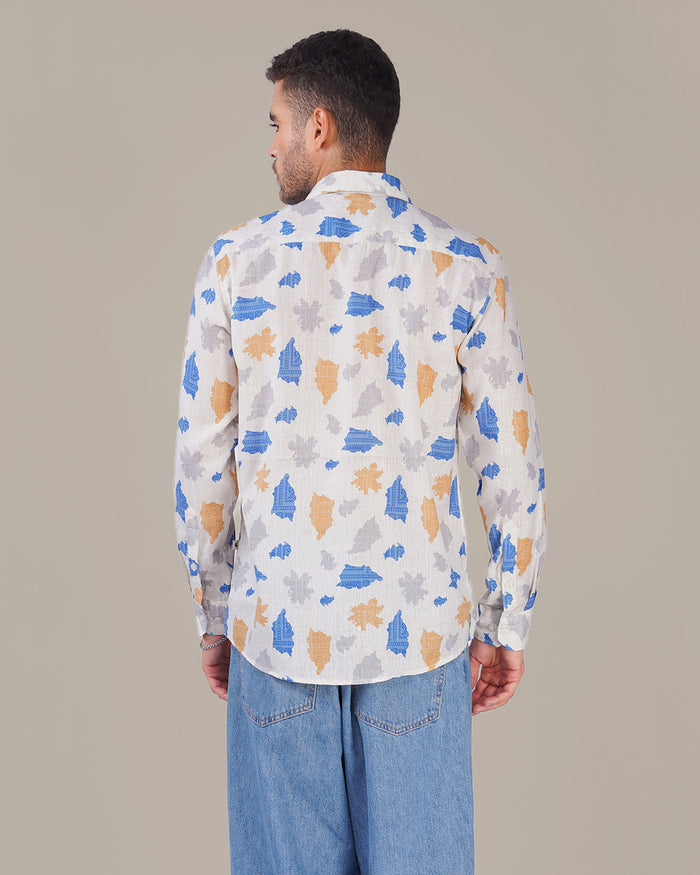 White Multi-Color Slub Print Poly/Linen Blend Shirt