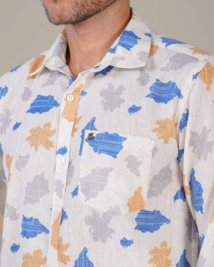 White Multi-Color Slub Print Poly/Linen Blend Shirt