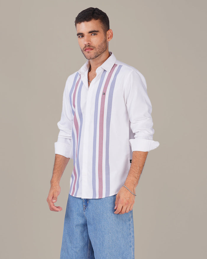 White Striped Cotton-Poly Blend Button-Up Shirt