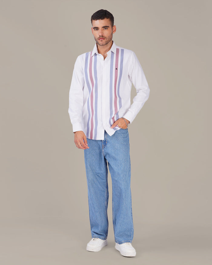 White Striped Cotton-Poly Blend Button-Up Shirt