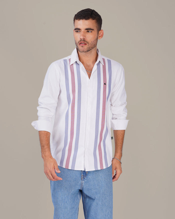 White Striped Cotton-Poly Blend Button-Up Shirt
