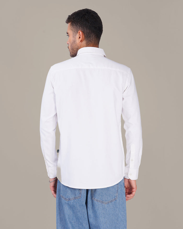 White Striped Cotton-Poly Blend Button-Up Shirt