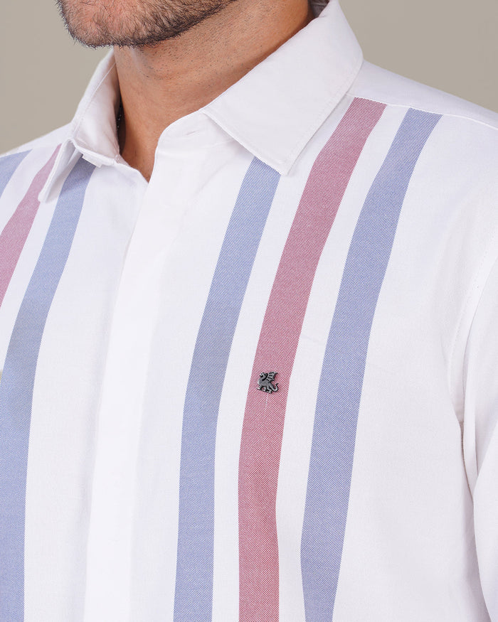 White Striped Cotton-Poly Blend Button-Up Shirt