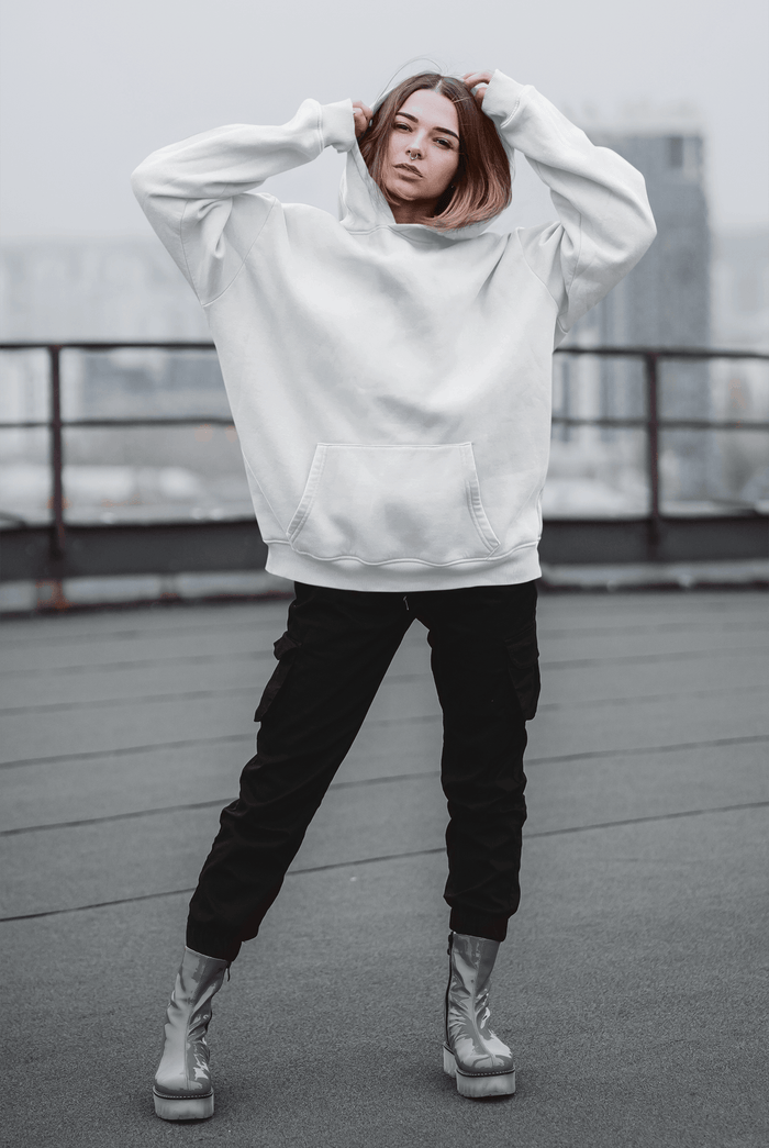 unisex white oversized hoodie fleece lifestyle image
