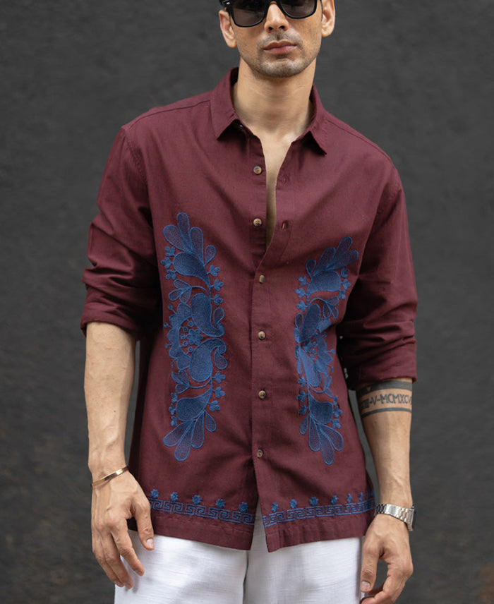 Wine Embroidered Linen Blend Shirt