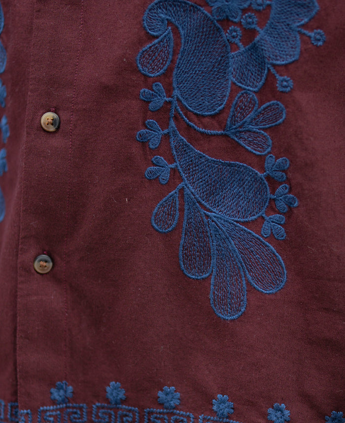 Wine Embroidered Linen Blend Shirt