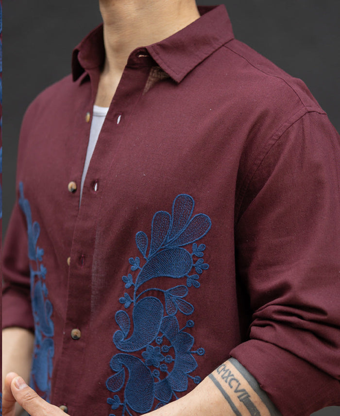 Wine Embroidered Linen Blend Shirt
