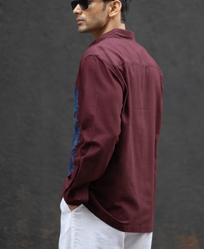 Wine Embroidered Linen Blend Shirt