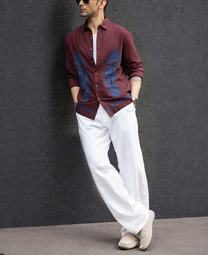 Wine Embroidered Linen Blend Shirt