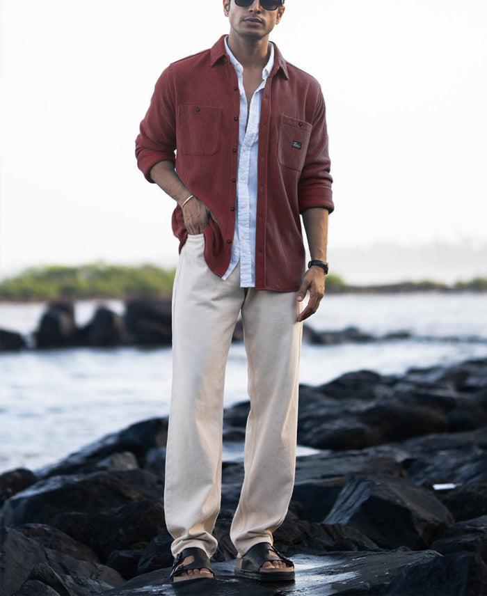 Wine Structured Knit Shirt With Pockets