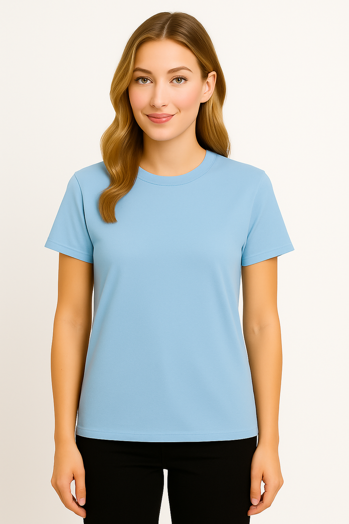 Model wearing Women’s Baby Blue Boyfriend Cut T-Shirt front view