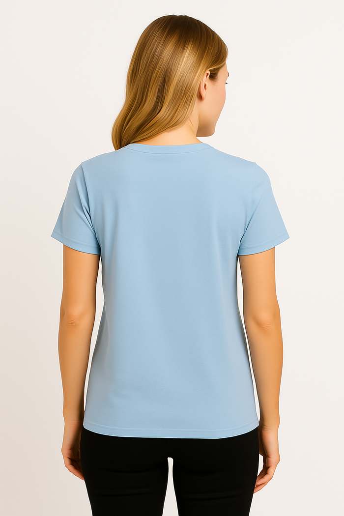 Model wearing Women’s Baby Blue Boyfriend Cut T-Shirt back view