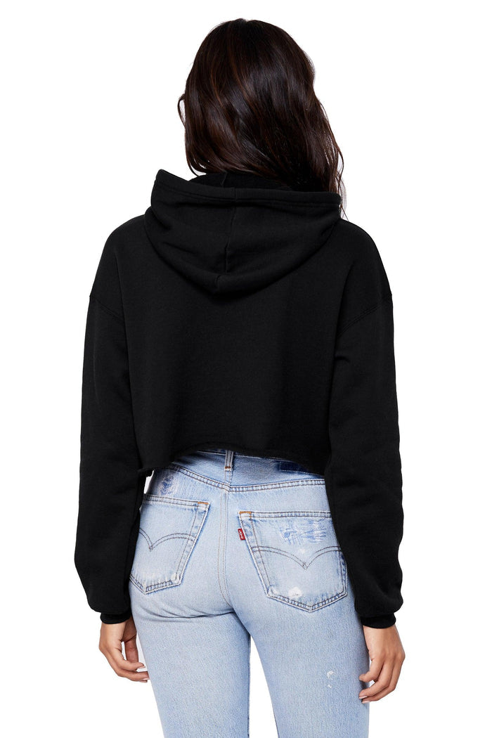Women’s black cropped fleece hoodie - lifestyle view