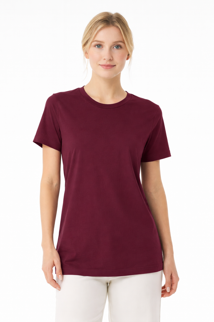womens burgundy relax fit t-shirt short sleeve crew neck airlume cotton lifestyle image