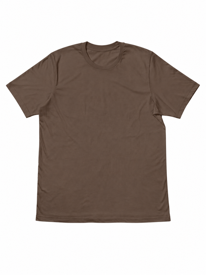 A plain brown short-sleeve crewneck t-shirt laid flat against a solid white background.