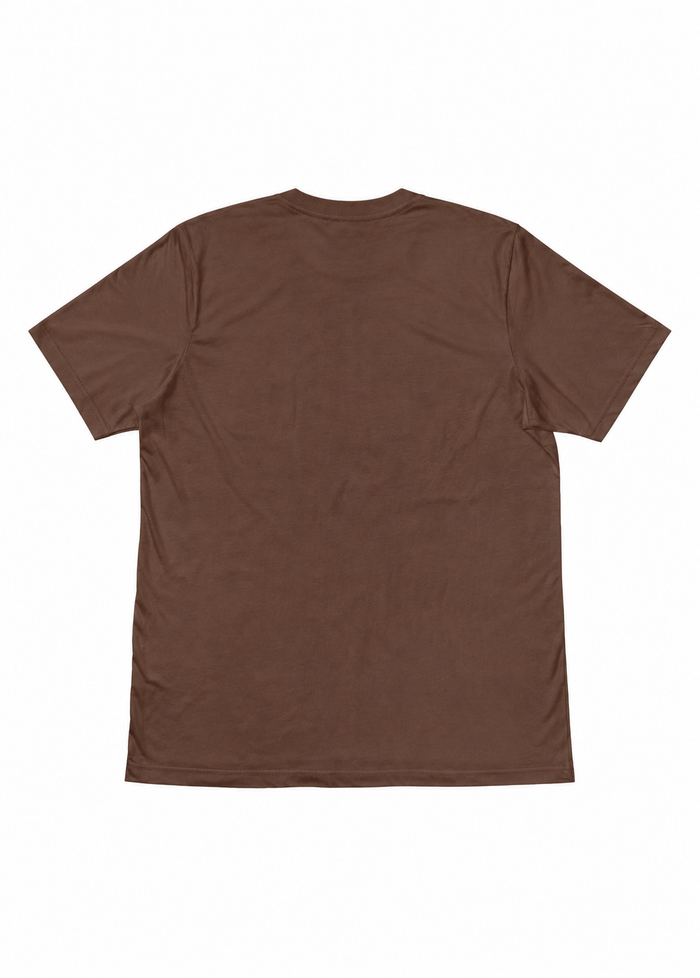 A plain brown short-sleeve t-shirt shown from the back, laid flat against a solid white background.