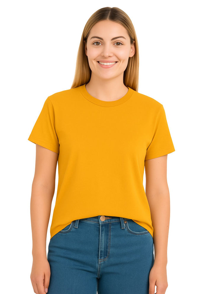 womens golden yellow boyfriend fit tshirt model front