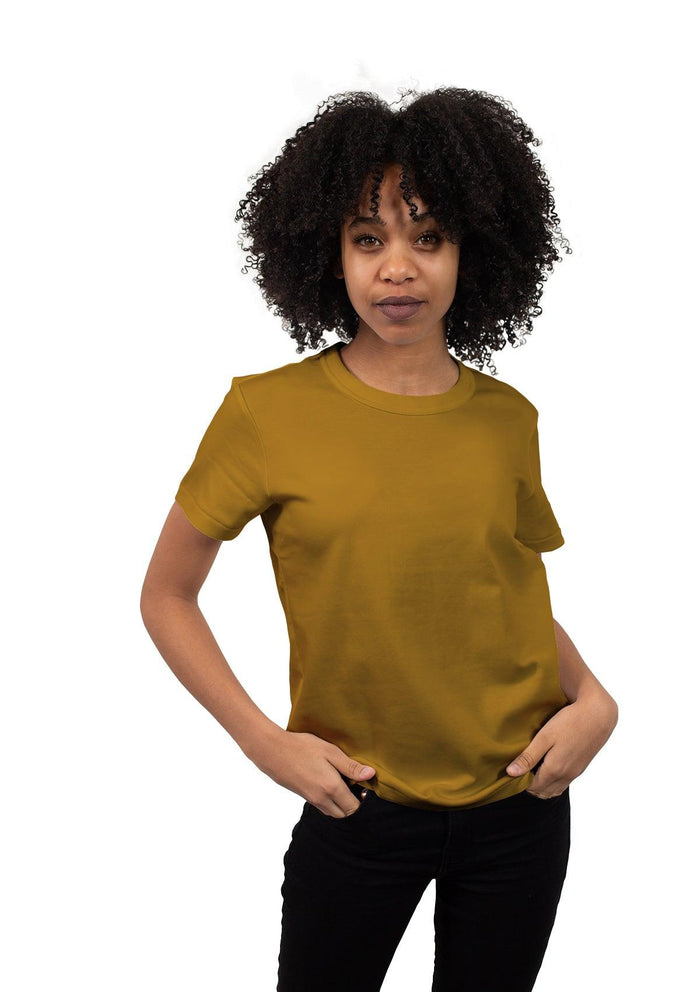 womens mustard yellow boyfriend cut t-shirt short sleeve crew neck airlume cotton lifestyle image