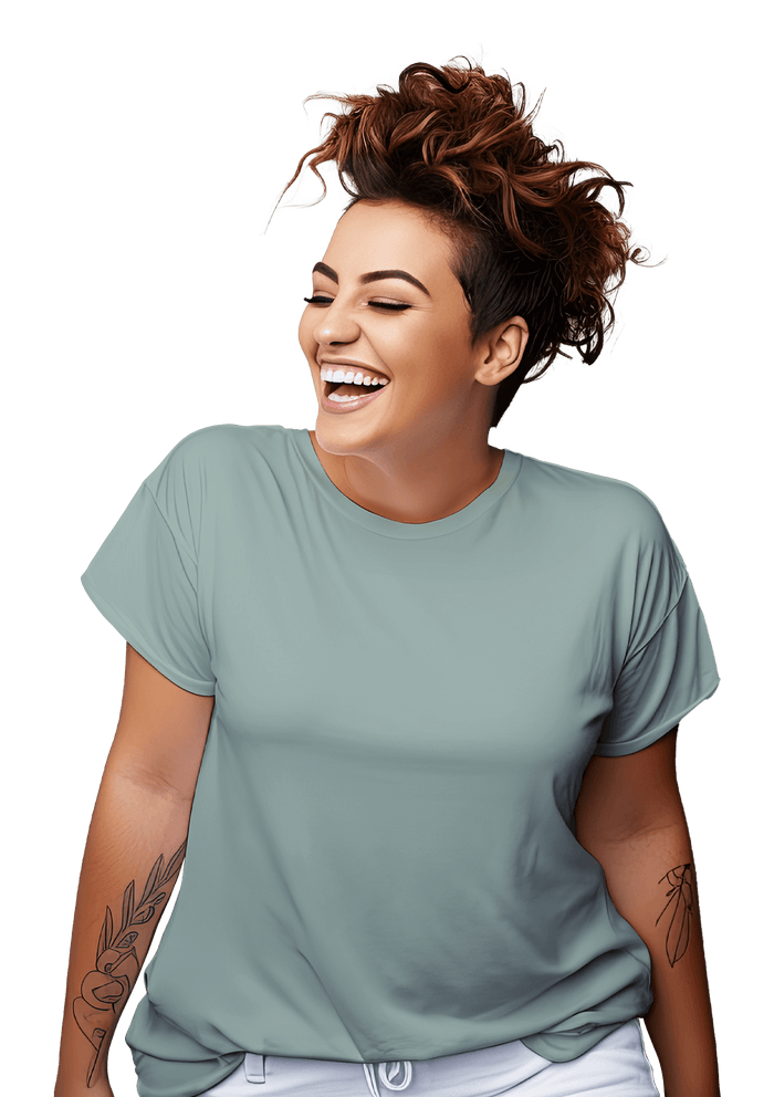 womens dusty blue boyfriend cut t-shirt short sleeve crew neck airlume cotton lifestyle image