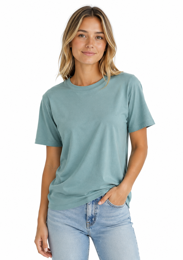 women's sea glass blue t-shirt front lifestyle view