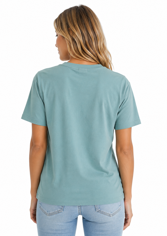 women's sea glass blue t-shirt back lifestyle view