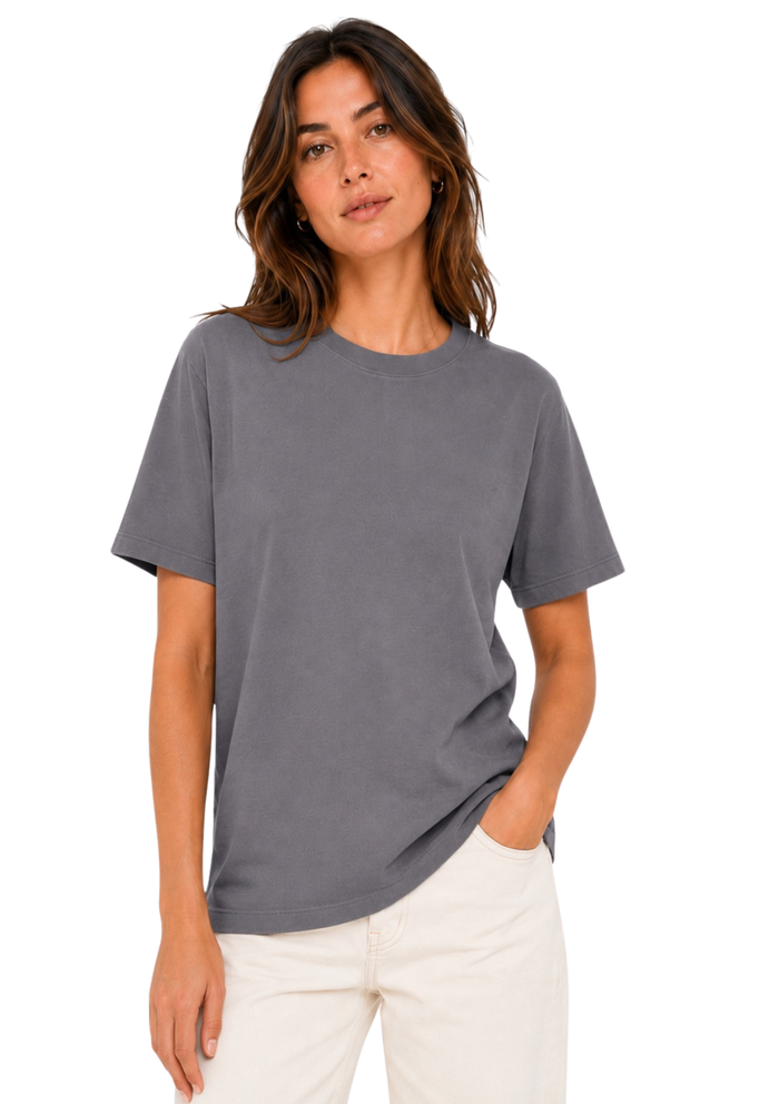 womens gray boyfriend cut t-shirt short sleeve crew neck airlume cotton lifestyle image
