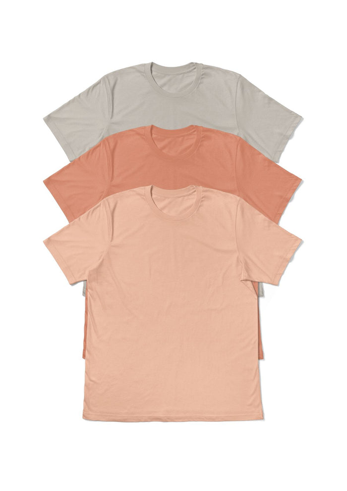 3 pack bundle of womens boyfriend fit t-shirts in peach, sunset and dust tan