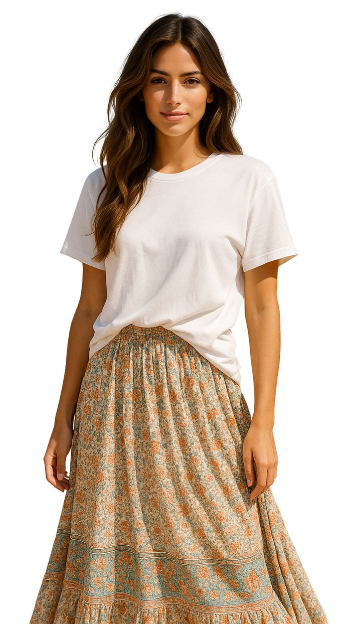 women's white boyfriend cut t-shirt in airlume cotton French tuck styling in skirt