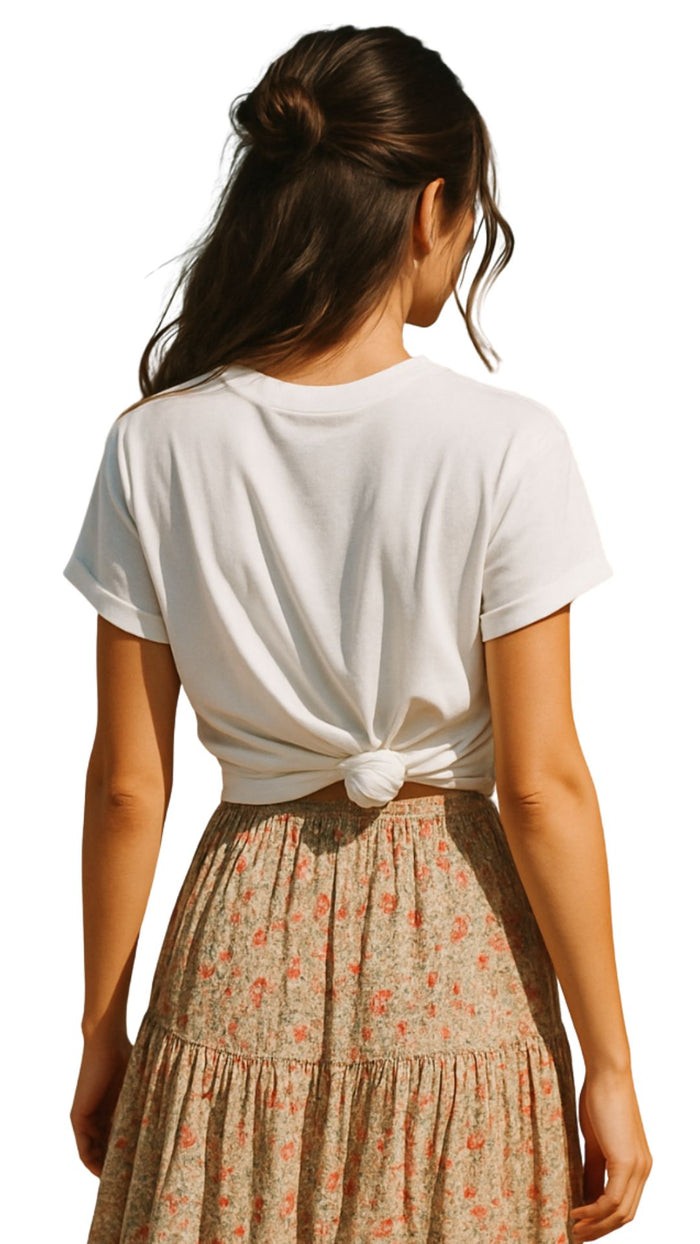 women's white boyfriend cut t-shirt in airlume cotton back view with rose knot outfit styling