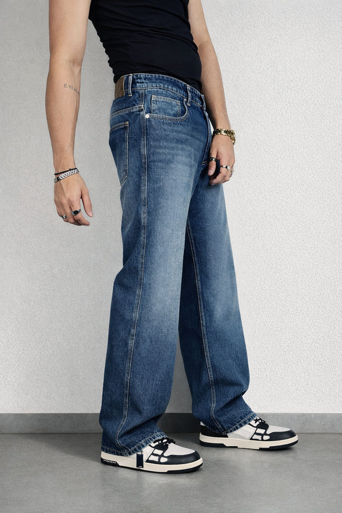 Worn Blue Whisker Wash Loose Straight Fit Jeans