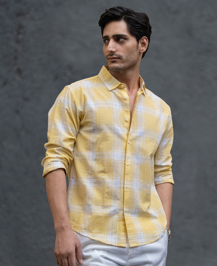 Yellow Lightweight Checks Shirt 100% Cotton